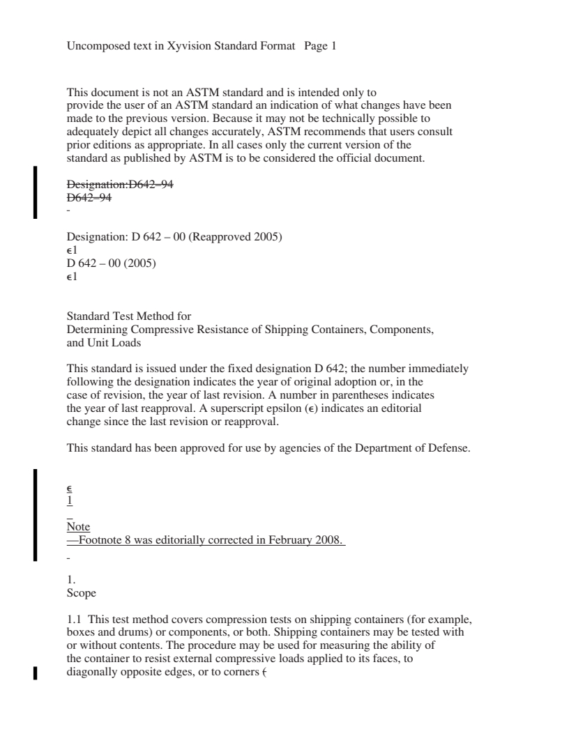 REDLINE ASTM D642-00(2005)e1 - Standard Test Method for Determining Compressive Resistance of Shipping Containers, Components, and Unit Loads