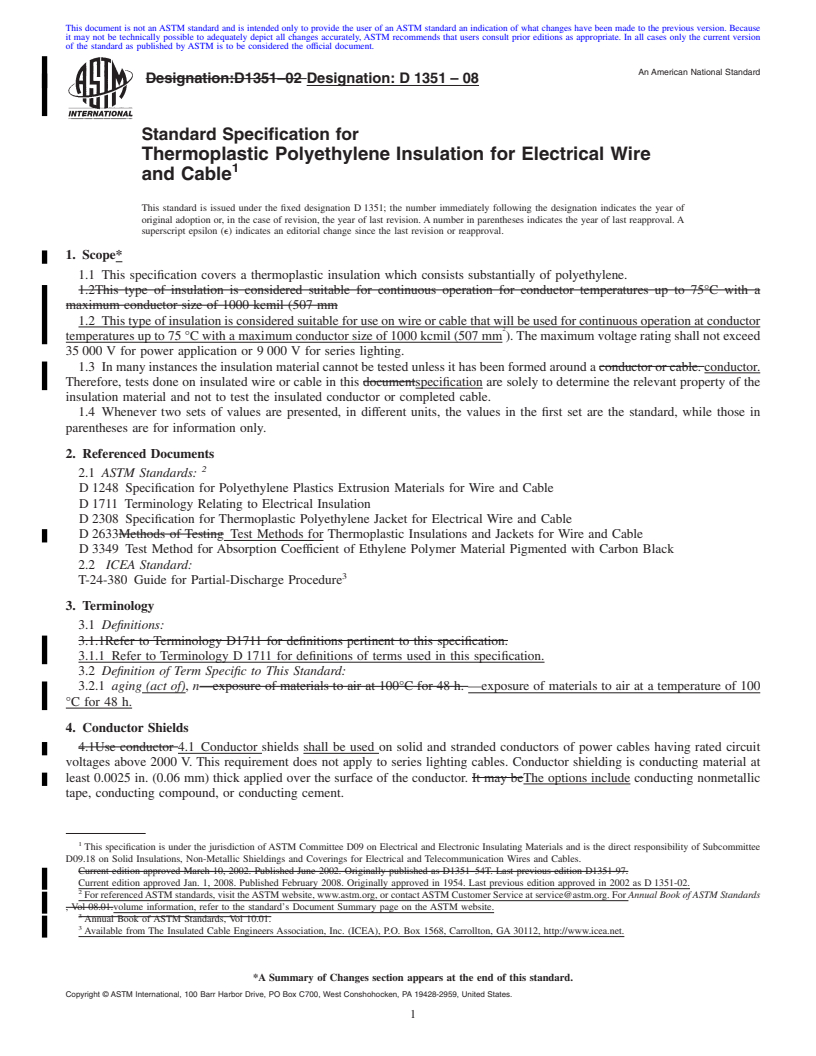 REDLINE ASTM D1351-08 - Standard Specification for Thermoplastic Polyethylene Insulation for Electrical Wire and Cable