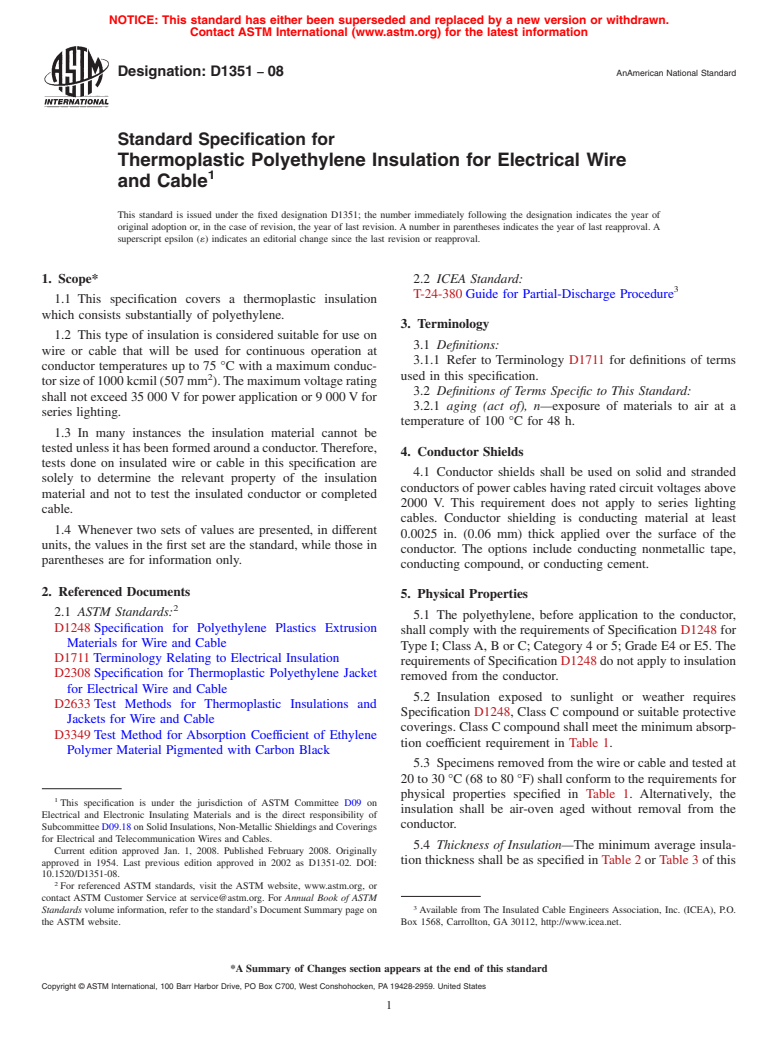 ASTM D1351-08 - Standard Specification for Thermoplastic Polyethylene Insulation for Electrical Wire and Cable