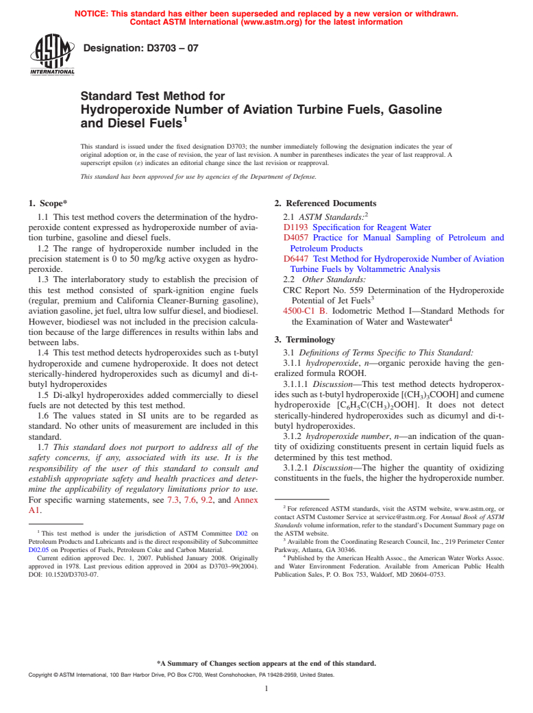 ASTM D3703-07 - Standard Test Method for Hydroperoxide Number of Aviation Turbine Fuels, Gasoline and Diesel Fuels