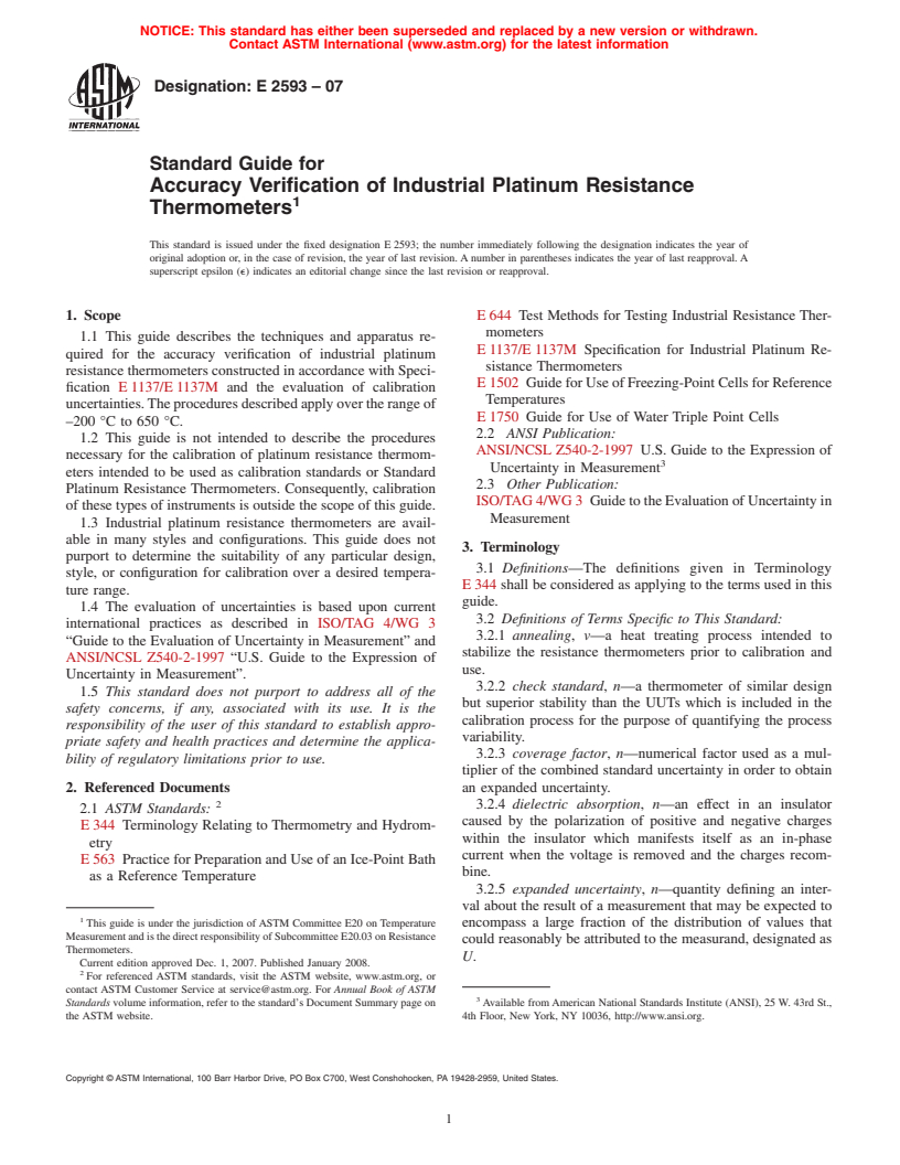 ASTM E2593-07 - Standard Guide for Accuracy Verification of Industrial Platinum Resistance Thermometers