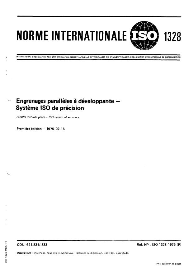 ISO 1328:1975 - Engrenages paralleles a développante -- Systeme ISO de précision