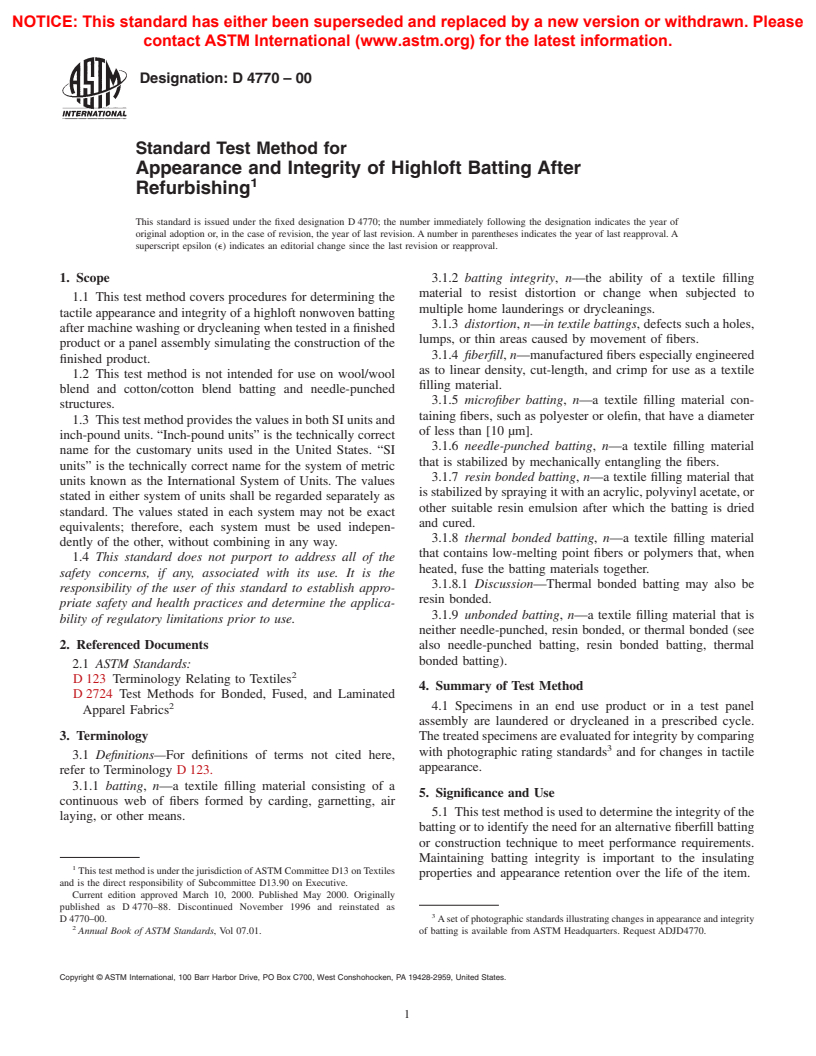 ASTM D4770-00 - Standard Test Method for Appearance and Integrity of Highloft Battting After Refurbishing