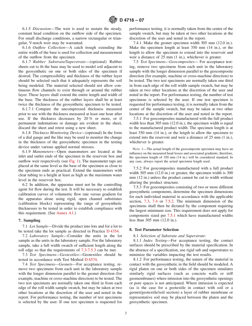 ASTM D4716-07 - Standard Test Method for Determining the (In-plane) Flow Rate per Unit Width and Hydraulic Transmissivity of a Geosynthetic Using a Constant Head