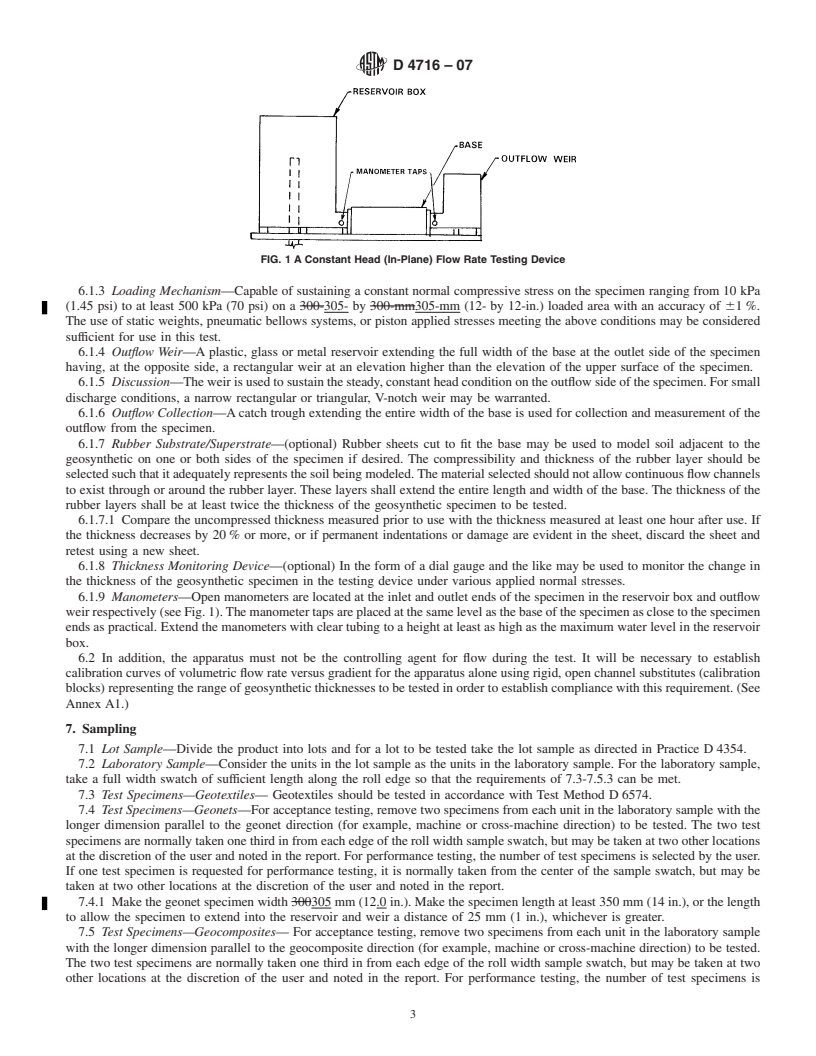 REDLINE ASTM D4716-07 - Standard Test Method for Determining the (In-plane) Flow Rate per Unit Width and Hydraulic Transmissivity of a Geosynthetic Using a Constant Head