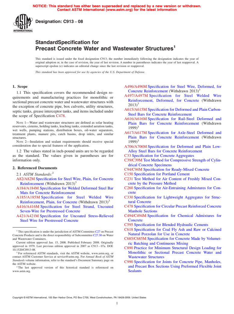 ASTM C913-08 - Standard Specification for  Precast Concrete Water and Wastewater Structures
