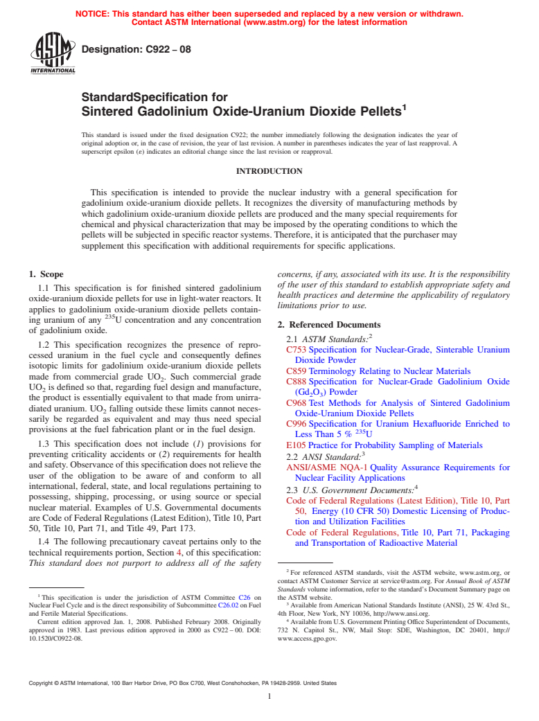 ASTM C922-08 - Standard Specification for  Sintered Gadolinium Oxide-Uranium Dioxide Pellets