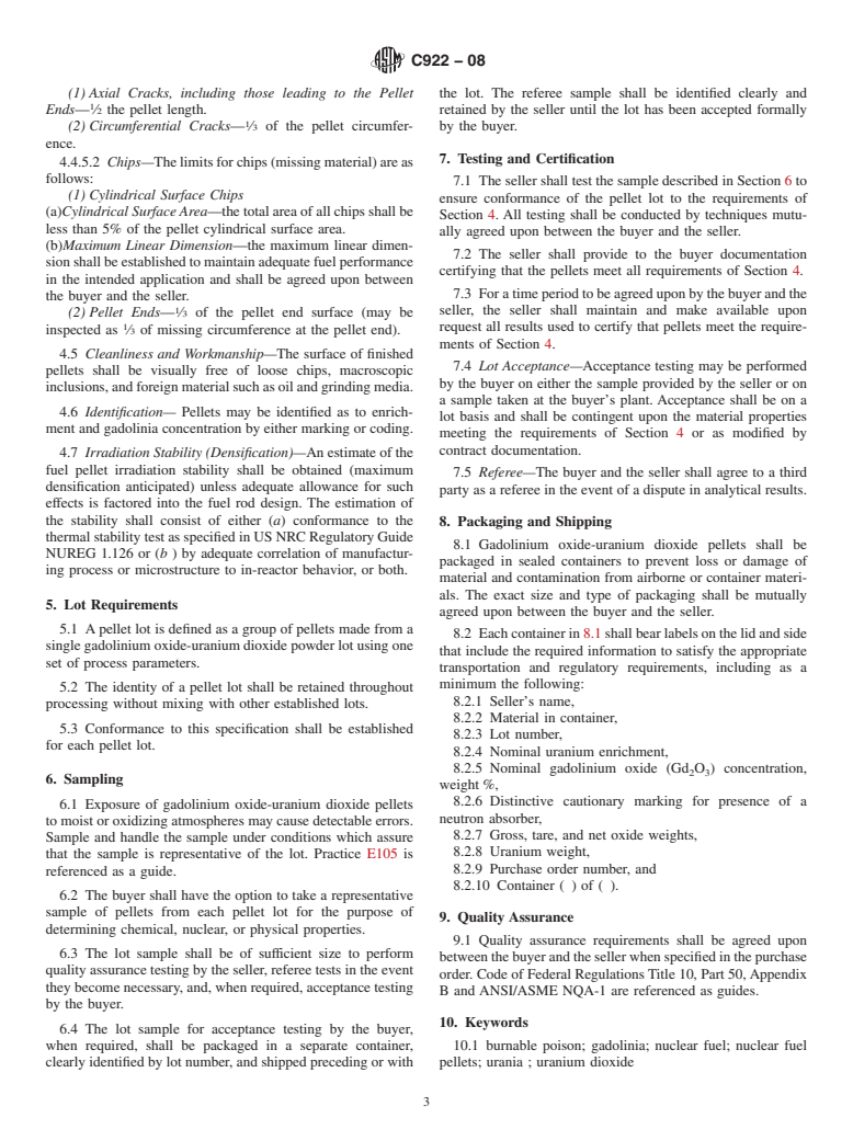 ASTM C922-08 - Standard Specification for  Sintered Gadolinium Oxide-Uranium Dioxide Pellets