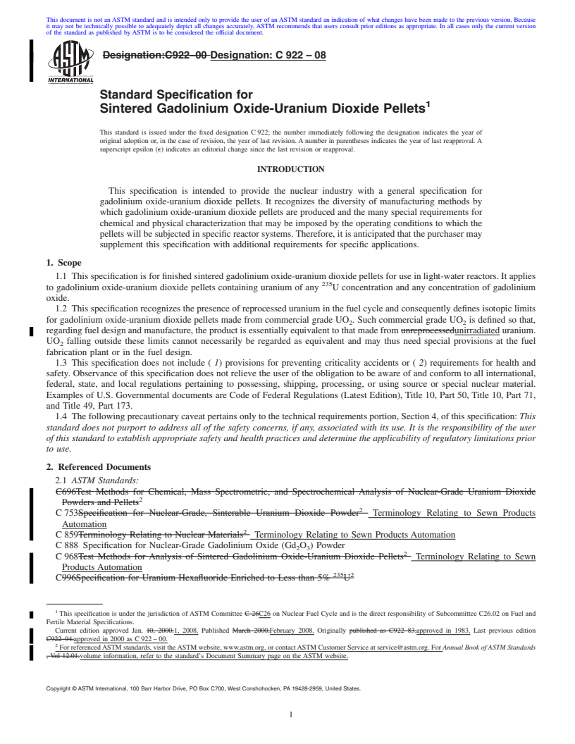 REDLINE ASTM C922-08 - Standard Specification for  Sintered Gadolinium Oxide-Uranium Dioxide Pellets