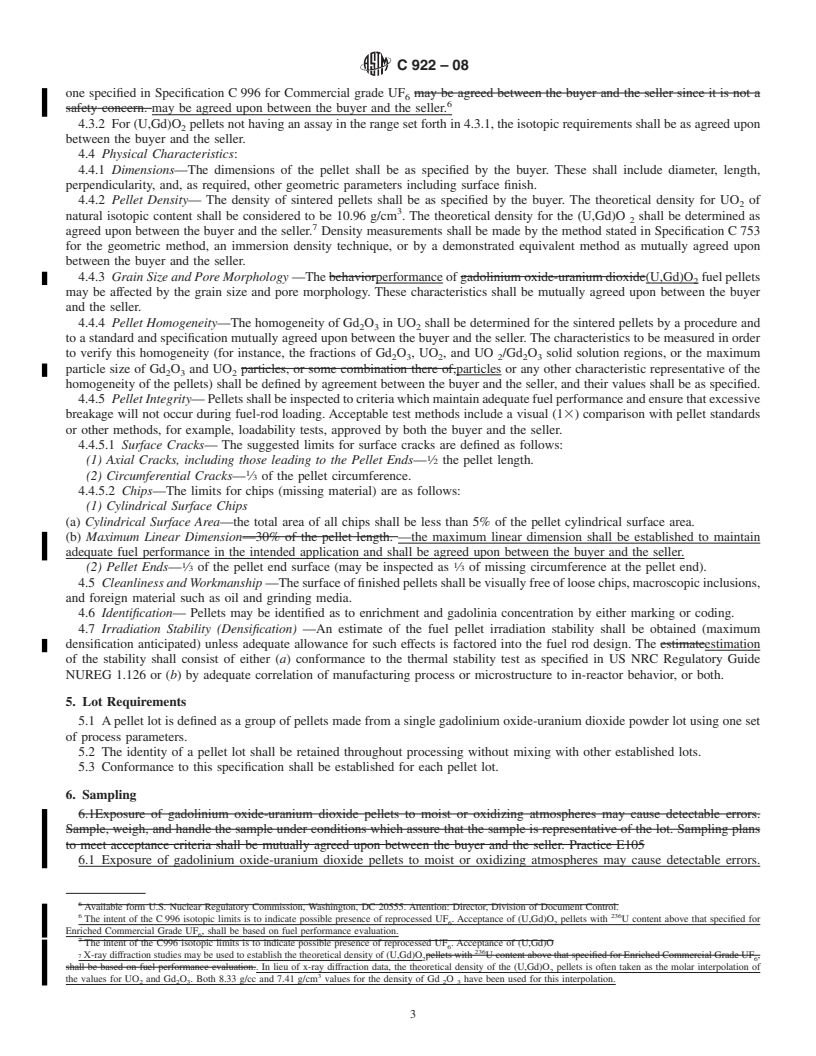 REDLINE ASTM C922-08 - Standard Specification for  Sintered Gadolinium Oxide-Uranium Dioxide Pellets