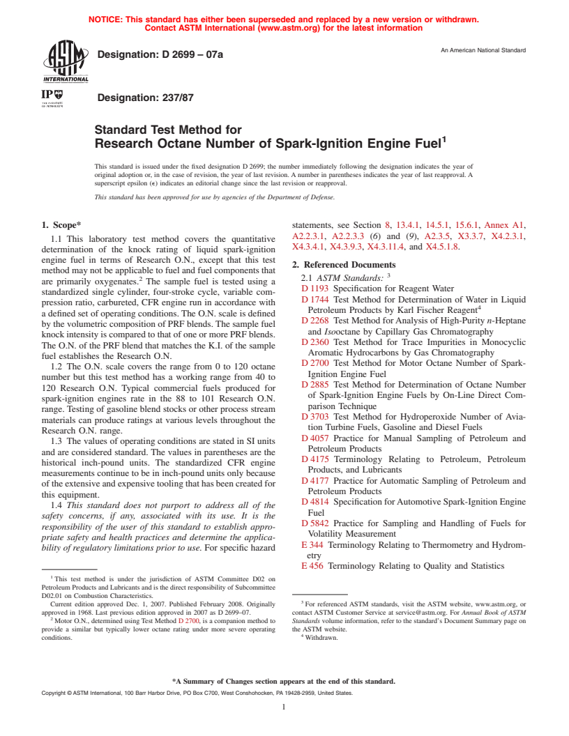 ASTM D2699-07a - Standard Test Method for Research Octane Number of Spark-Ignition Engine Fuel