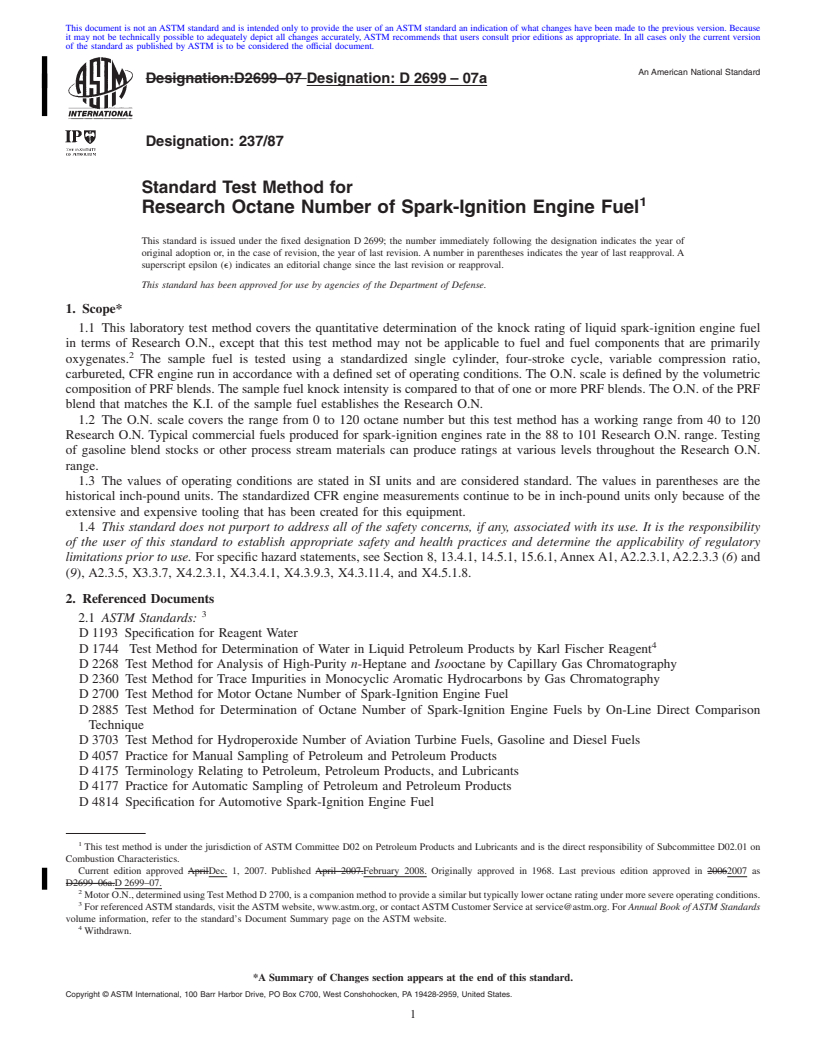 REDLINE ASTM D2699-07a - Standard Test Method for Research Octane Number of Spark-Ignition Engine Fuel