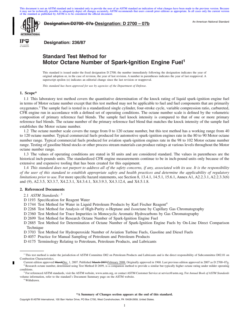 REDLINE ASTM D2700-07b - Standard Test Method for Motor Octane Number of Spark-Ignition Engine Fuel