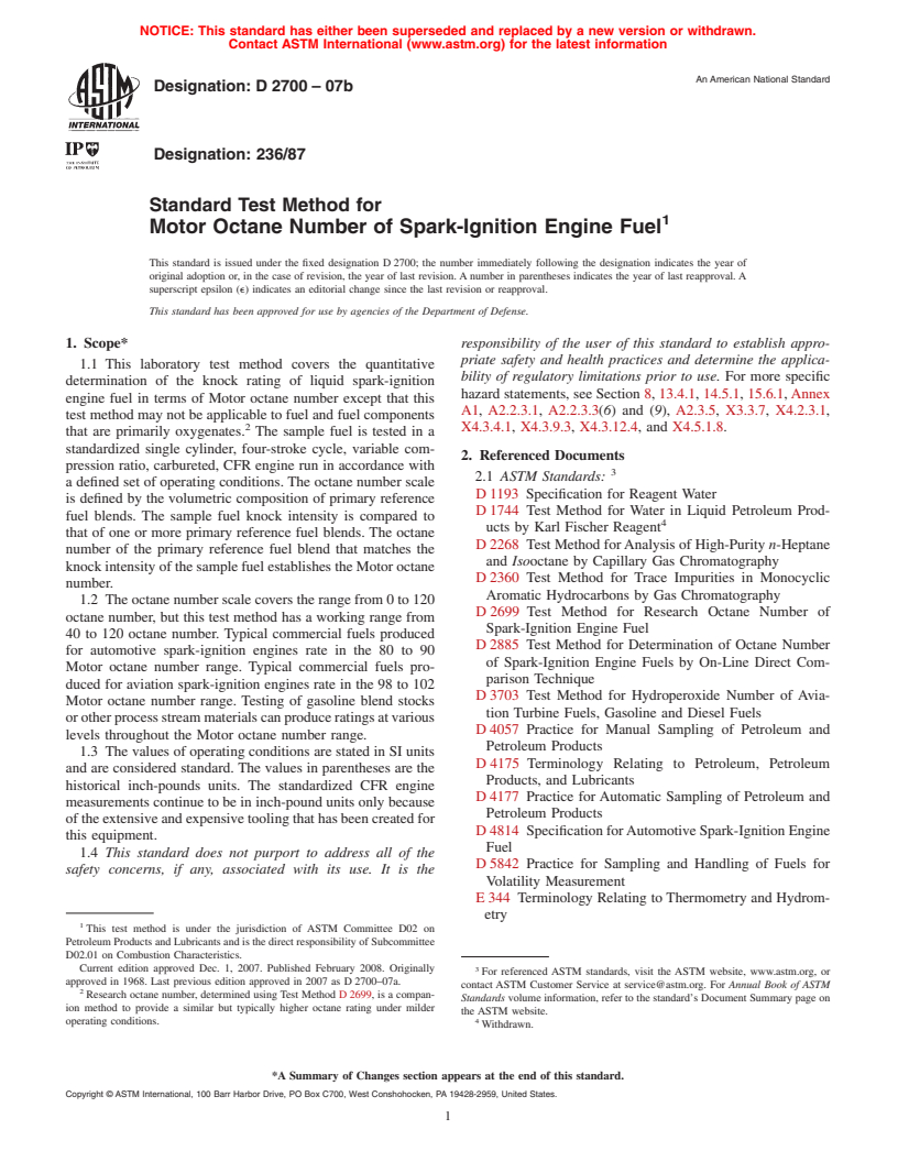 ASTM D2700-07b - Standard Test Method for Motor Octane Number of Spark-Ignition Engine Fuel