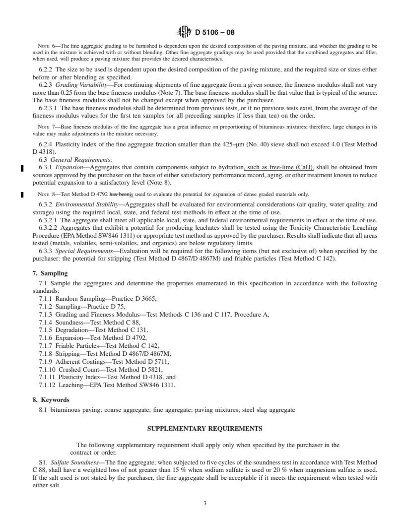 REDLINE ASTM D5106-08 - Standard Specification for Steel Slag Aggregates for Bituminous Paving Mixtures