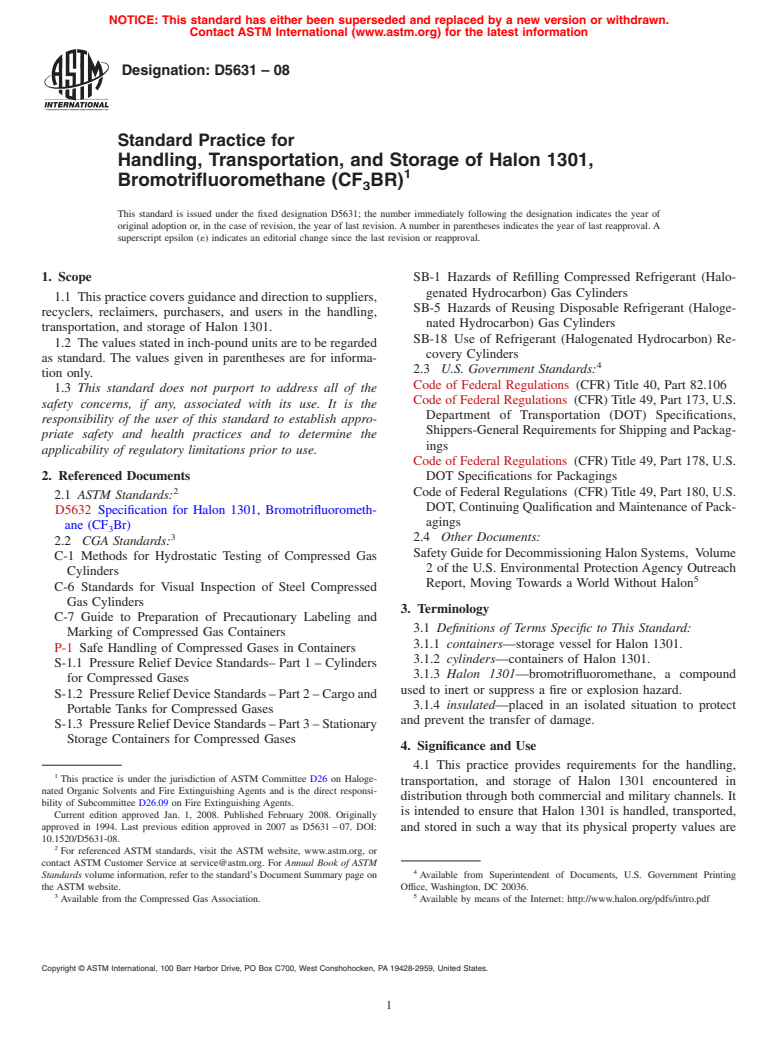 ASTM D5631-08 - Standard Practice for Handling, Transportation, and Storage of Halon 1301, Bromotrifluoromethane (CF<sub>3</sub>BR)
