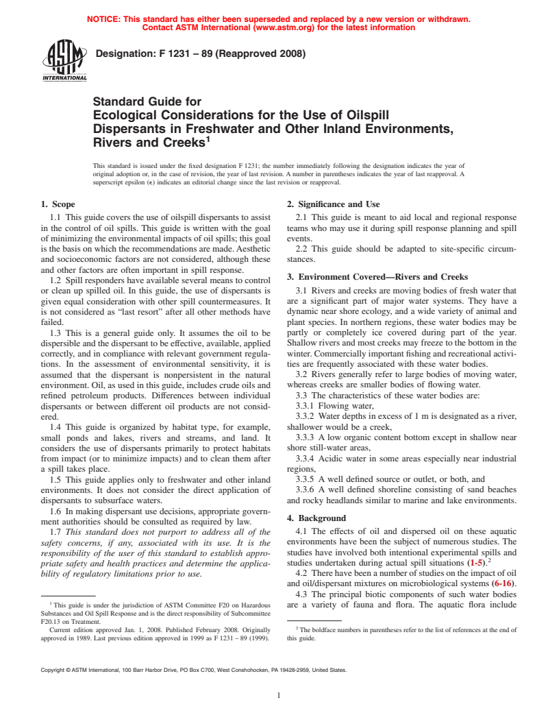 ASTM F1231-89(2008) - Standard Guide for Ecological Considerations for the Use of Oilspill Dispersants in Freshwater and Other Inland Environments, Rivers and Creeks