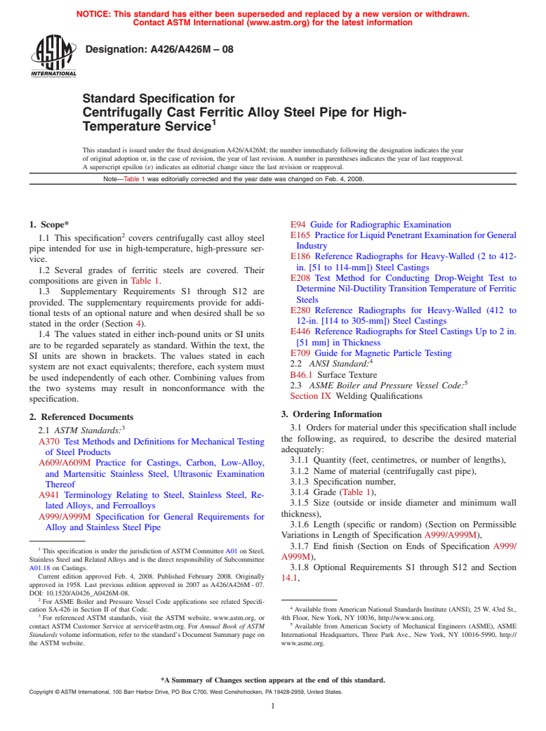 ASTM A426/A426M-08 - Standard Specification for Centrifugally Cast Ferritic Alloy Steel Pipe for High-Temperature Service