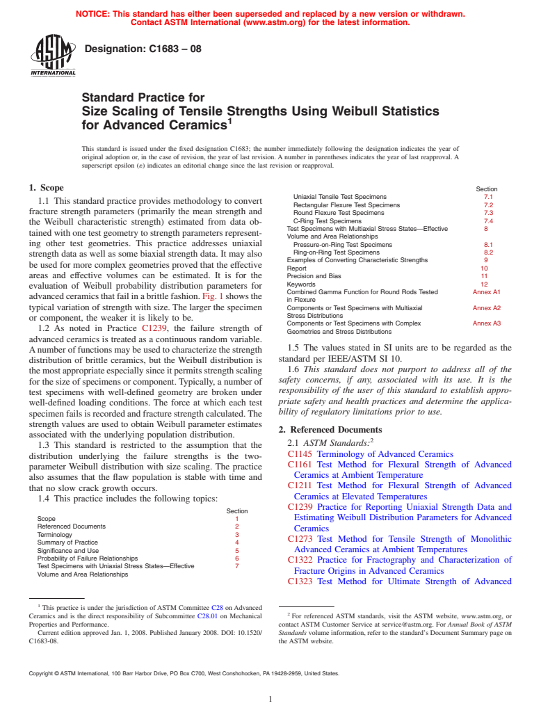 ASTM C1683-08 - Standard Practice for Size Scaling of Tensile Strengths Using Weibull Statistics for Advanced Ceramics