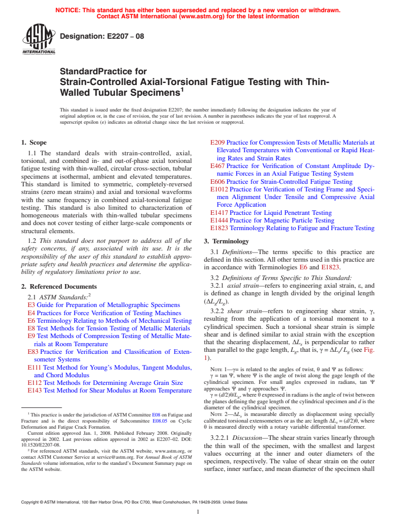 ASTM E2207-08 - Standard Practice for Strain-Controlled Axial-Torsional Fatigue Testing with Thin-Walled Tubular Specimens