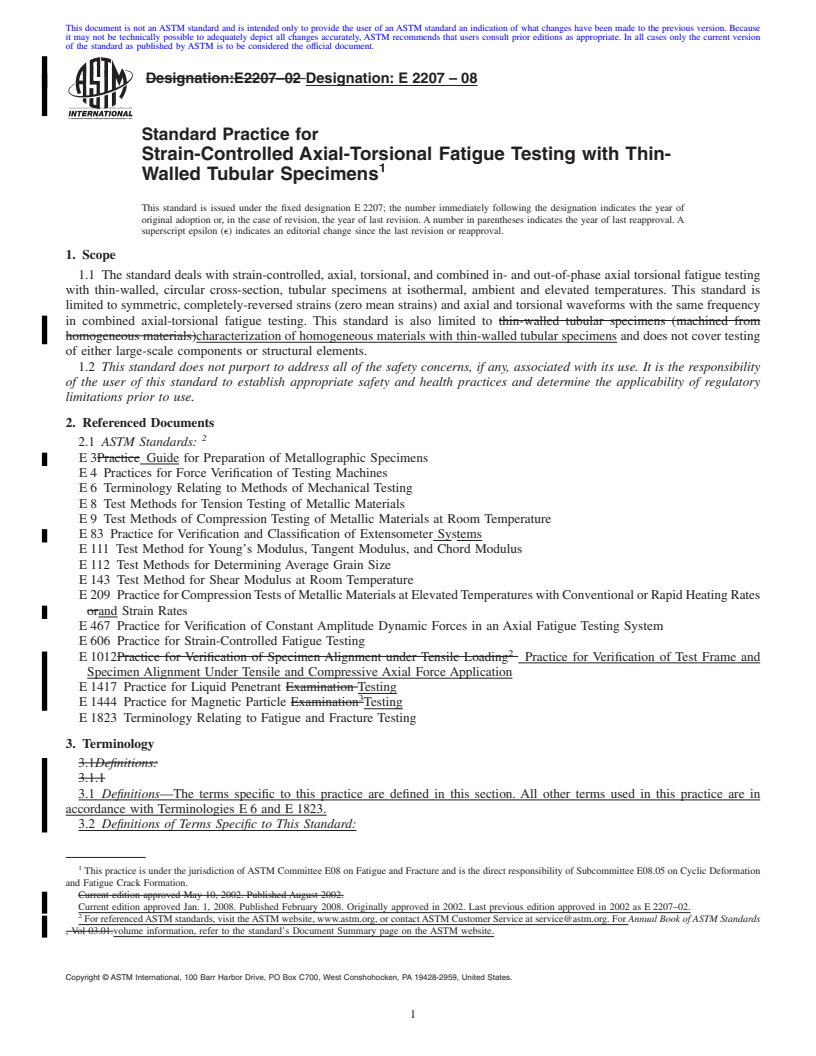 REDLINE ASTM E2207-08 - Standard Practice for Strain-Controlled Axial-Torsional Fatigue Testing with Thin-Walled Tubular Specimens