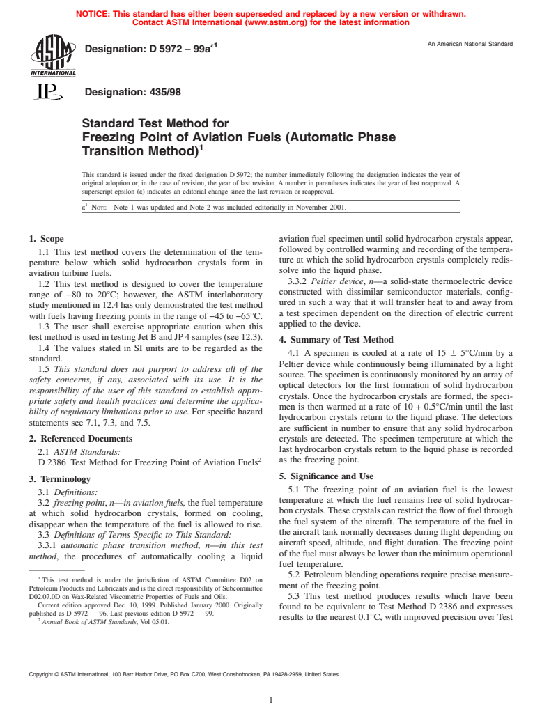 ASTM D5972-99ae1 - Standard Test Method for Freezing Point of Aviation Fuels (Automatic Phase Transition Method)