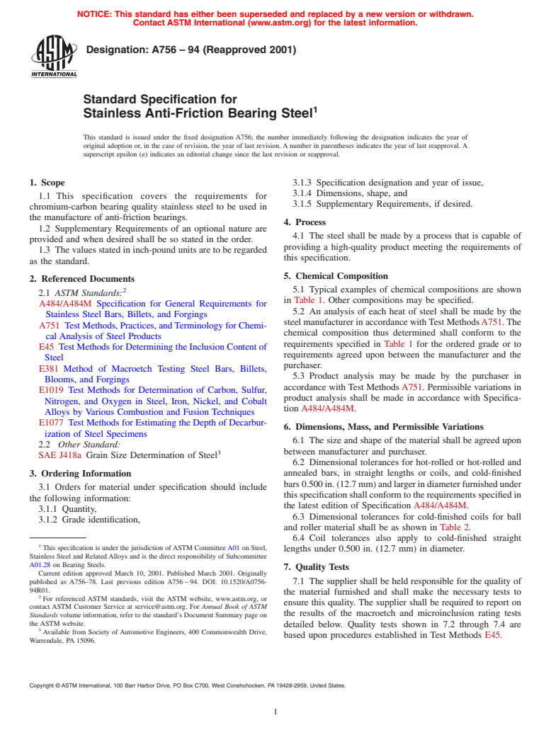 ASTM A756-94(2001) - Standard Specification for Stainless Anti-Friction Bearing Steel