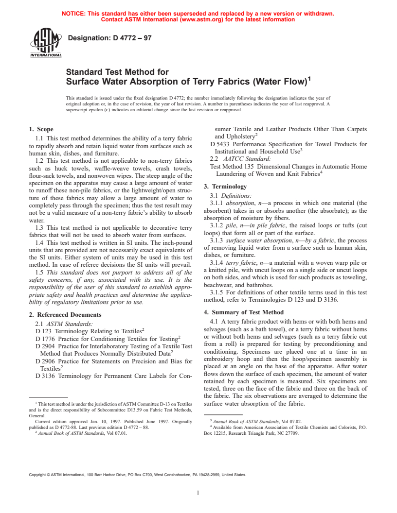 ASTM D4772-97 - Standard Test Method for Surface Water Absorption of Terry Fabrics (Water Flow)