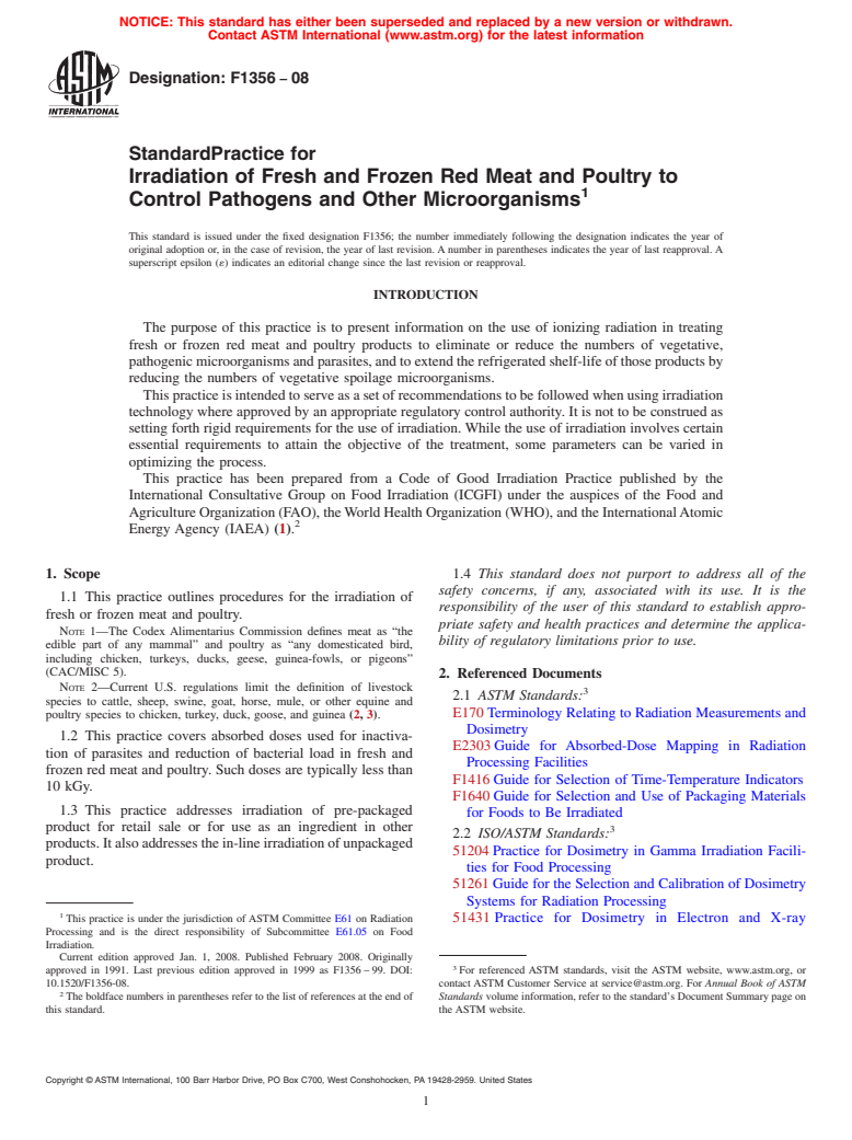 ASTM F1356-08 - Standard Practice for Irradiation of Fresh and Frozen Red Meat and Poultry to Control Pathogens and Other Microorganisms