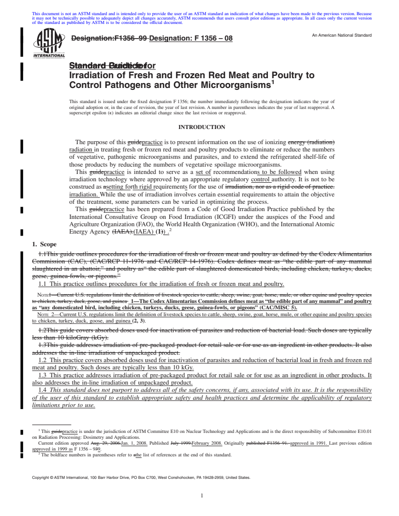 REDLINE ASTM F1356-08 - Standard Practice for Irradiation of Fresh and Frozen Red Meat and Poultry to Control Pathogens and Other Microorganisms