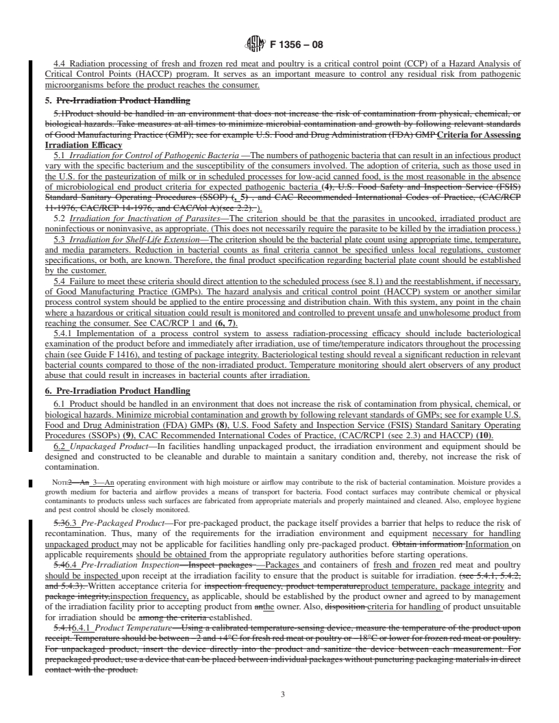 REDLINE ASTM F1356-08 - Standard Practice for Irradiation of Fresh and Frozen Red Meat and Poultry to Control Pathogens and Other Microorganisms