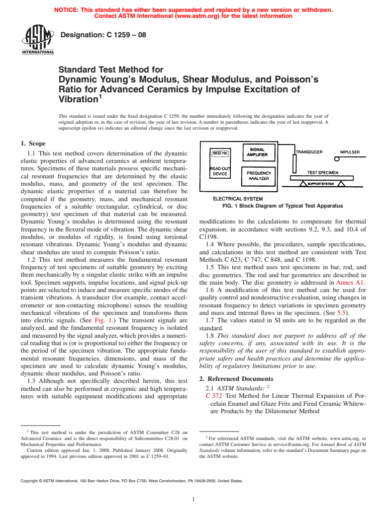 ASTM C1259-08 - Standard Test Method for Dynamic Young's Modulus, Shear Modulus, and Poisson's Ratio for Advanced Ceramics by Impulse Excitation of Vibration