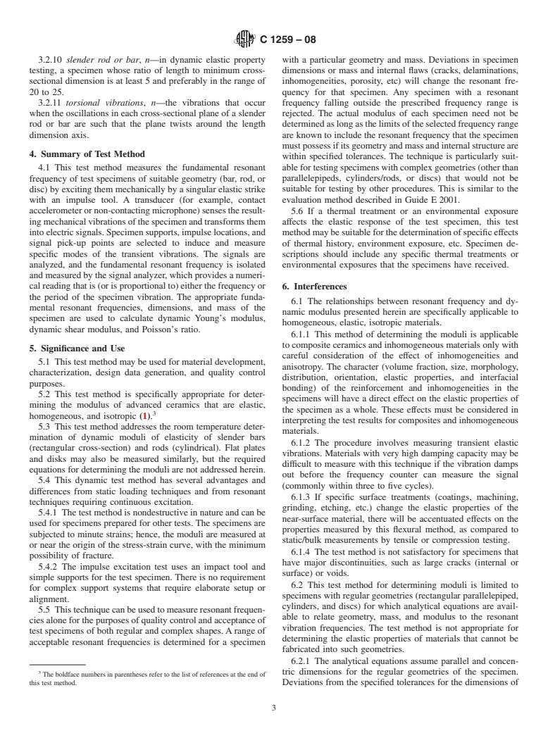 ASTM C1259-08 - Standard Test Method for Dynamic Young's Modulus, Shear Modulus, and Poisson's Ratio for Advanced Ceramics by Impulse Excitation of Vibration