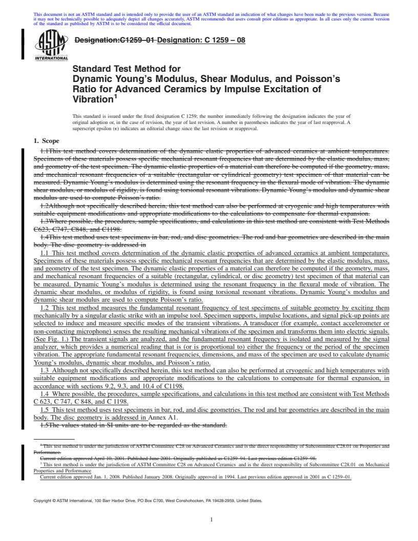 REDLINE ASTM C1259-08 - Standard Test Method for Dynamic Young's Modulus, Shear Modulus, and Poisson's Ratio for Advanced Ceramics by Impulse Excitation of Vibration