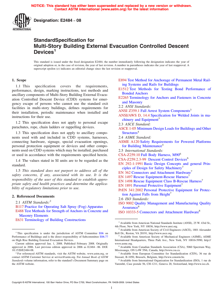 ASTM E2484-08 - Standard Specification for Multi-Story Building External Evacuation Controlled Descent Devices