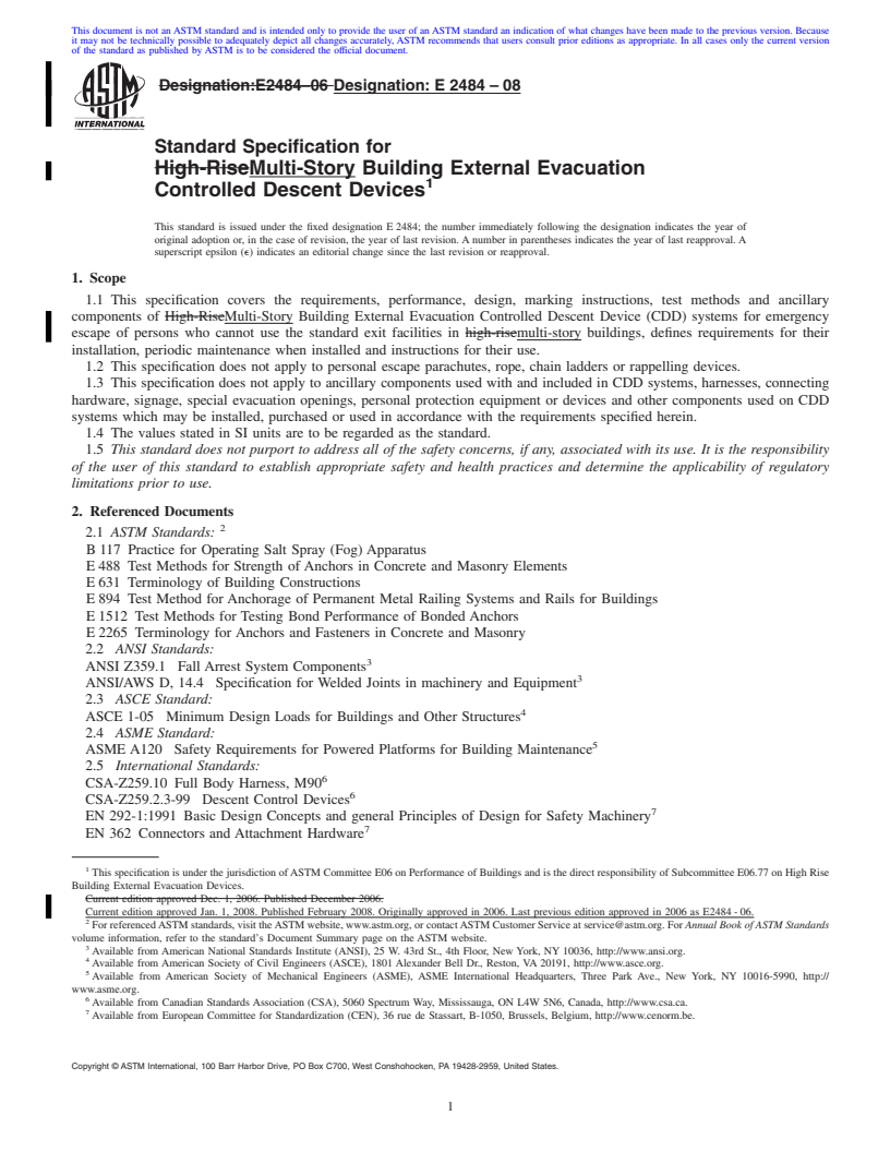 REDLINE ASTM E2484-08 - Standard Specification for Multi-Story Building External Evacuation Controlled Descent Devices