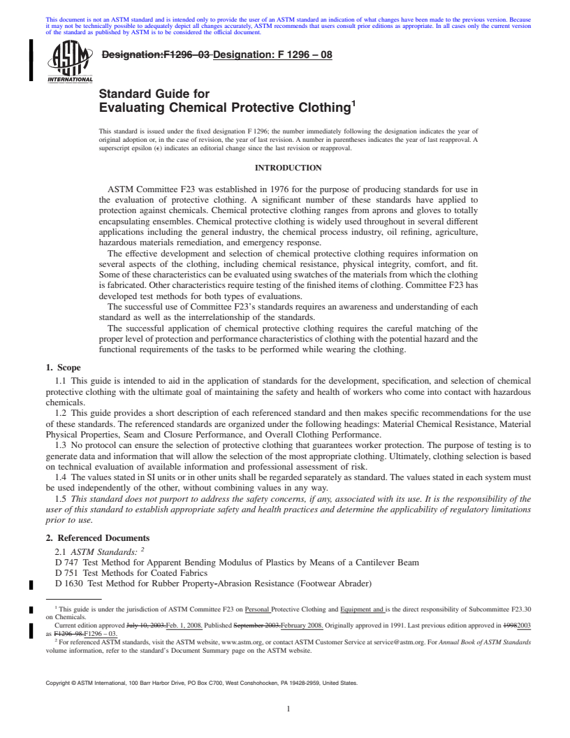 REDLINE ASTM F1296-08 - Standard Guide for Evaluating Chemical Protective Clothing