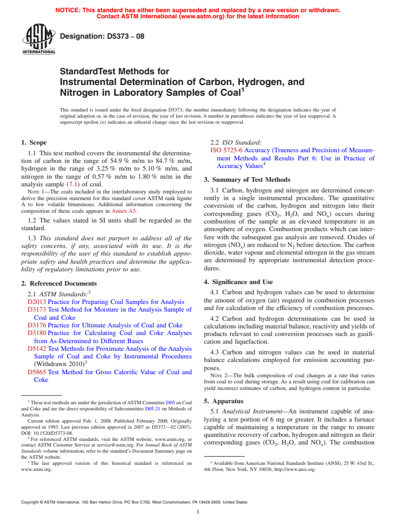 ASTM D5373-08 - Standard Test Methods for Instrumental Determination of Carbon, Hydrogen, and Nitrogen in Laboratory Samples of Coal