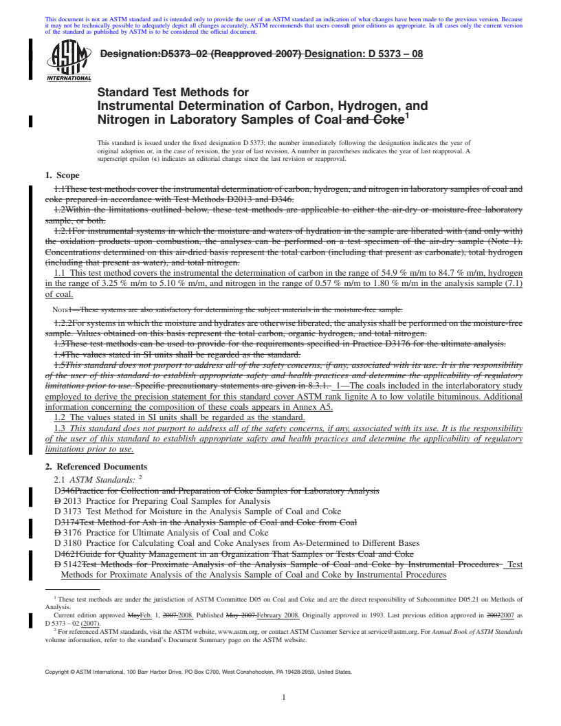 REDLINE ASTM D5373-08 - Standard Test Methods for Instrumental Determination of Carbon, Hydrogen, and Nitrogen in Laboratory Samples of Coal