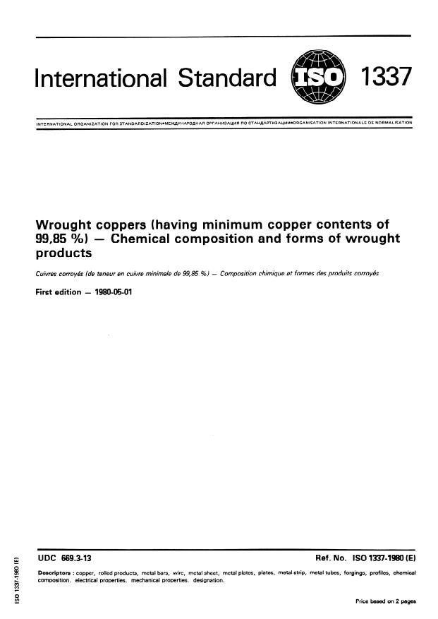 ISO 1337:1980 - Wrought coppers (having minimum copper contents of 99,85 %) -- Chemical composition and forms of wrought products