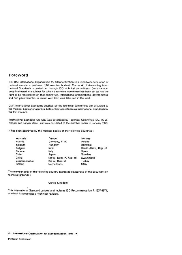 ISO 1337:1980 ISO 1337:1980 - Wrought coppers (having minimum copper contents of 99,85 %) -- Chemical composition and forms of wrought products - Page 2 preview