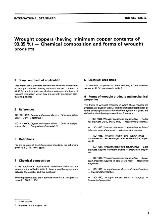 ISO 1337:1980 - Wrought coppers (having minimum copper contents of 99,85 %) -- Chemical composition and forms of wrought products
