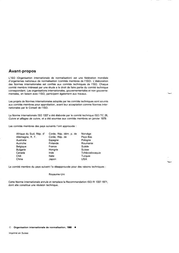 ISO 1337:1980 ISO 1337:1980 - Cuivres corroyés (de teneur en cuivre minimale de 99,85 %) -- Composition chimique et formes des produits corroyés - Page 2 preview