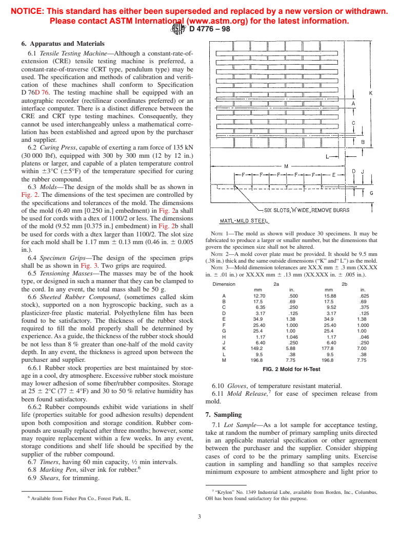 ASTM D4776-98 - Standard Test Method for Adhesion of Tire Cords and Other Reinforcing Cords to Rubber Compounds by H-Test Procedure