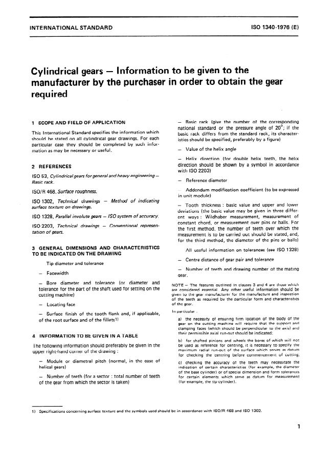 ISO 1340:1976 - Cylindrical gears -- Information to be given to the manufacturer by the purchaser in order to obtain the gear required