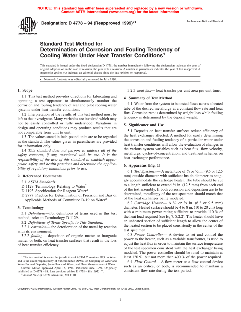 ASTM D4778-94(1999)e1 - Standard Test Method for Determination of Corrosion and Fouling Tendency of Cooling Water Under Heat Transfer Conditions