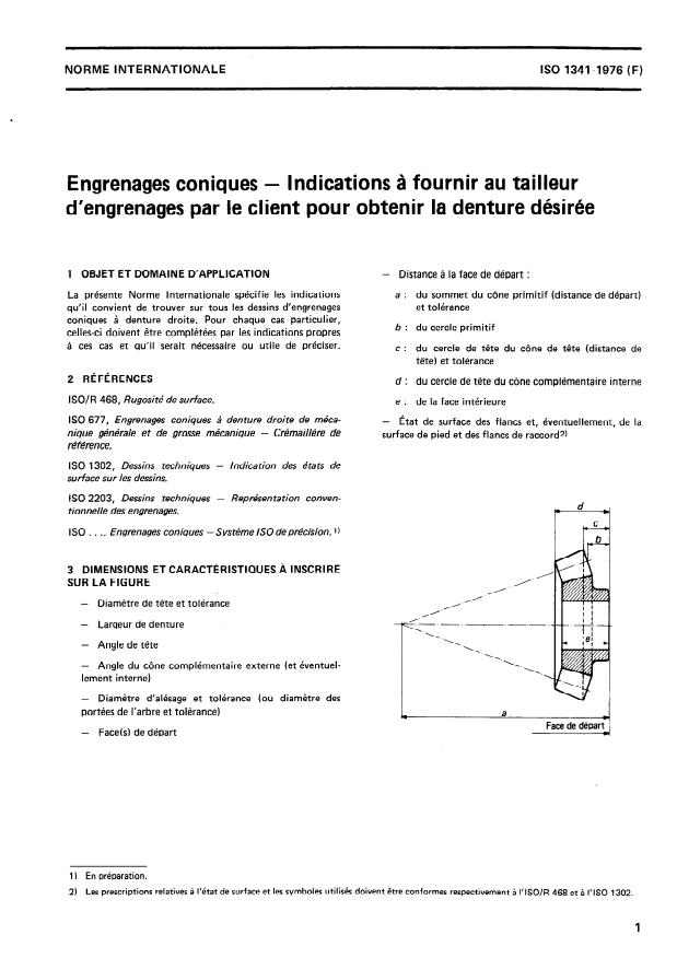 ISO 1341:1976 - Engrenages coniques -- Indications a fournir au tailleur d'engrenages par le client pour obtenir la denture désirée