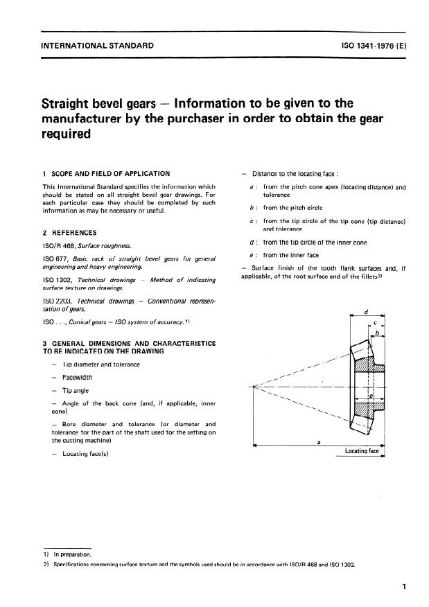 ISO 1341:1976 - Straight bevel gears -- Information to be given to the manufacturer by the purchaser in order to obtain the gear required