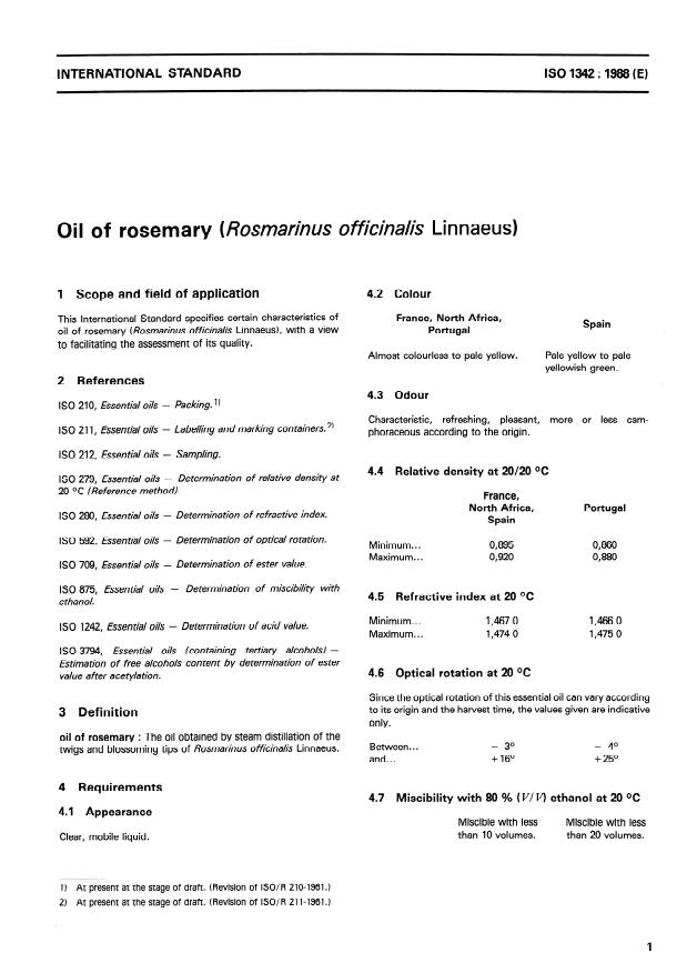 ISO 1342:1988 - Oil of rosemary (Rosmarinus officinalis Linnaeus)