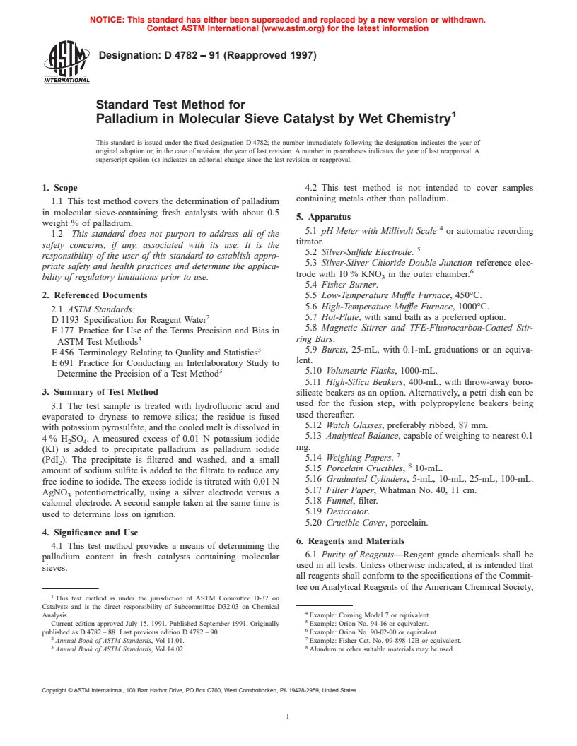 ASTM D4782-91(1997) - Standard Test Method for Palladium in Molecular Sieve Catalyst by Wet Chemistry